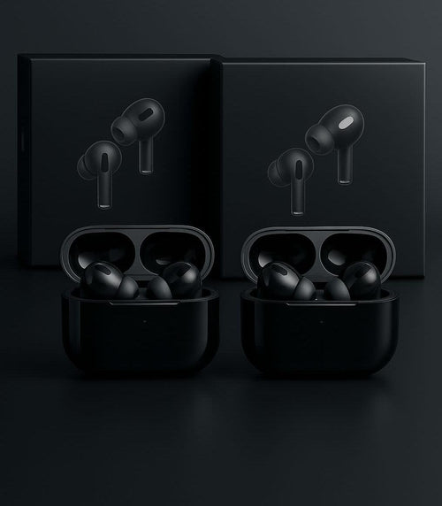 Black wireless earbuds with charging case on a dark background